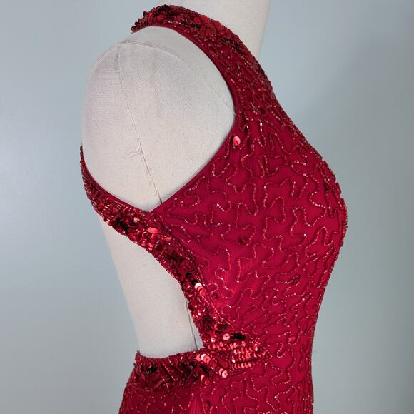 Vintage Cache Prom Dress Maxi Gown Red XS Glam Silk Bead 90s Y2K Pageant Classic - Picture 7 of 16